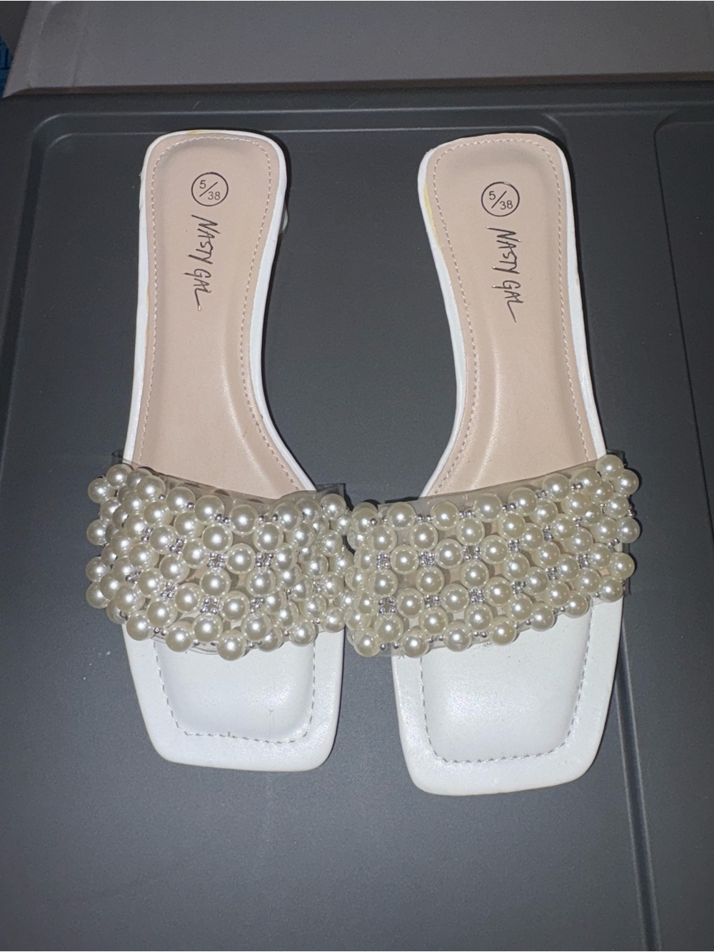 Nasty Gal Women's White Pearl Gem sparkly Slide Sandals